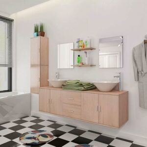 Ensemble de meubles de salle de bains avec vasque et robinetterie beige 11 pièces
